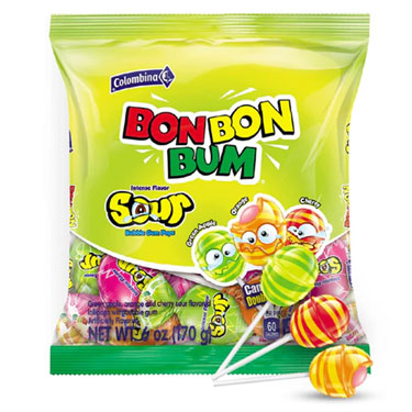 Colombina Sour Bubble Gum Lollipops 6oz Bag