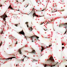 Hayden Valley White Yogurt Covered Heart Pretzels with Red Nonpareils 1lb